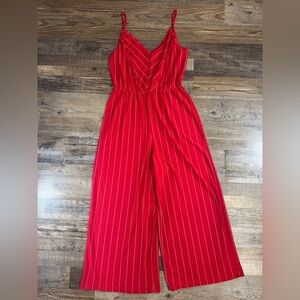 Red Pinstripe Cropped Wide Leg Jumpsuit Spaghetti Straps Size Small